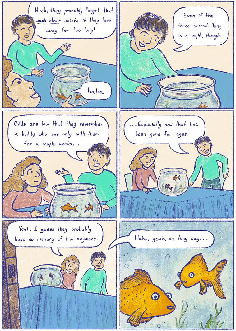 Frankie, Page 2: A silly, short comic in which two siblings contemplate the memory span of their goldfish.