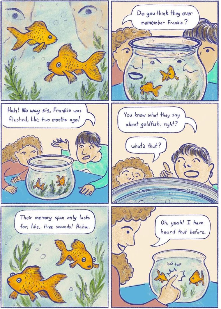 Frankie, Page 1: A silly, short comic in which two siblings contemplate the memory span of their goldfish.
