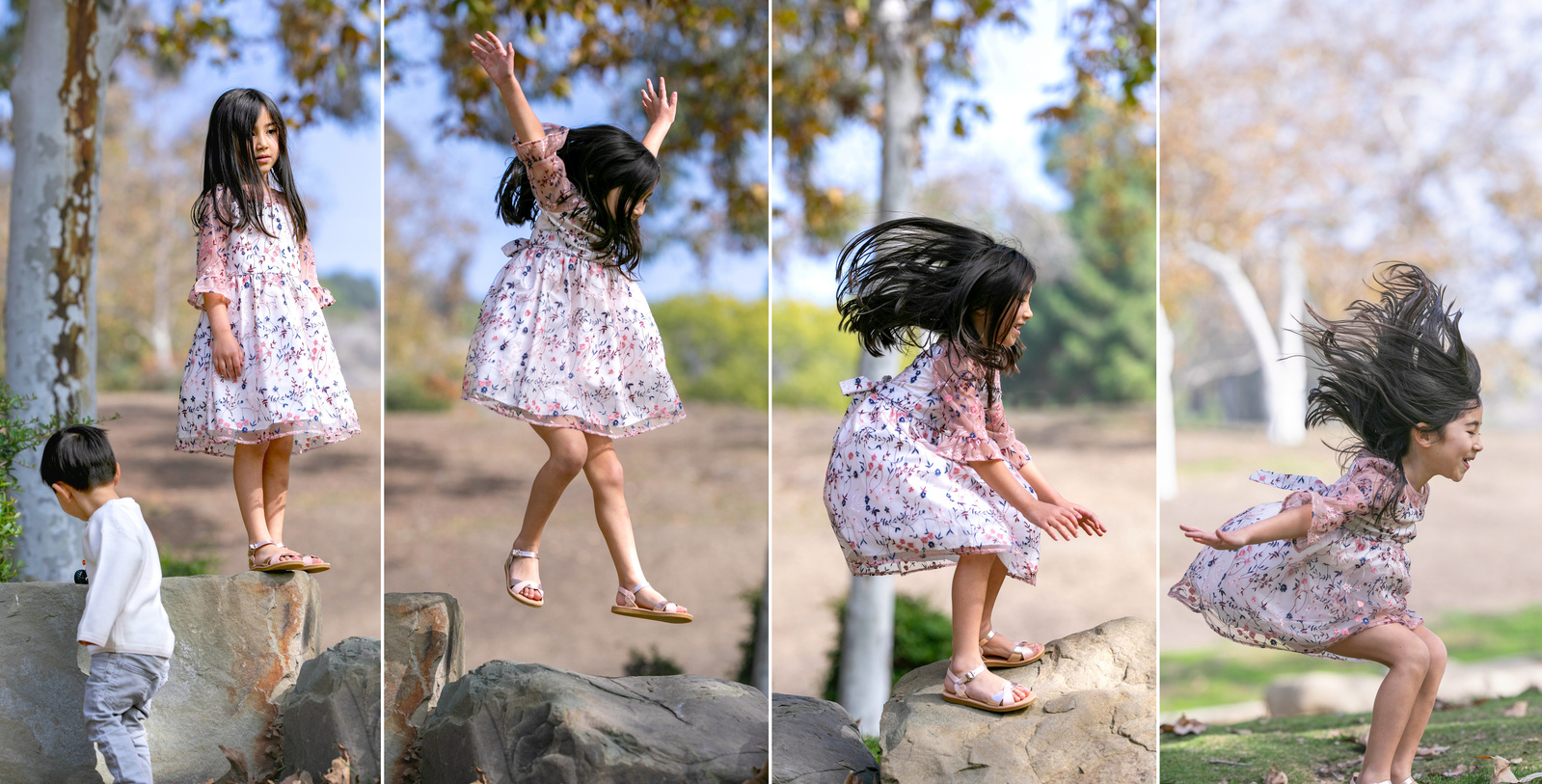 Girl jumping from rock
