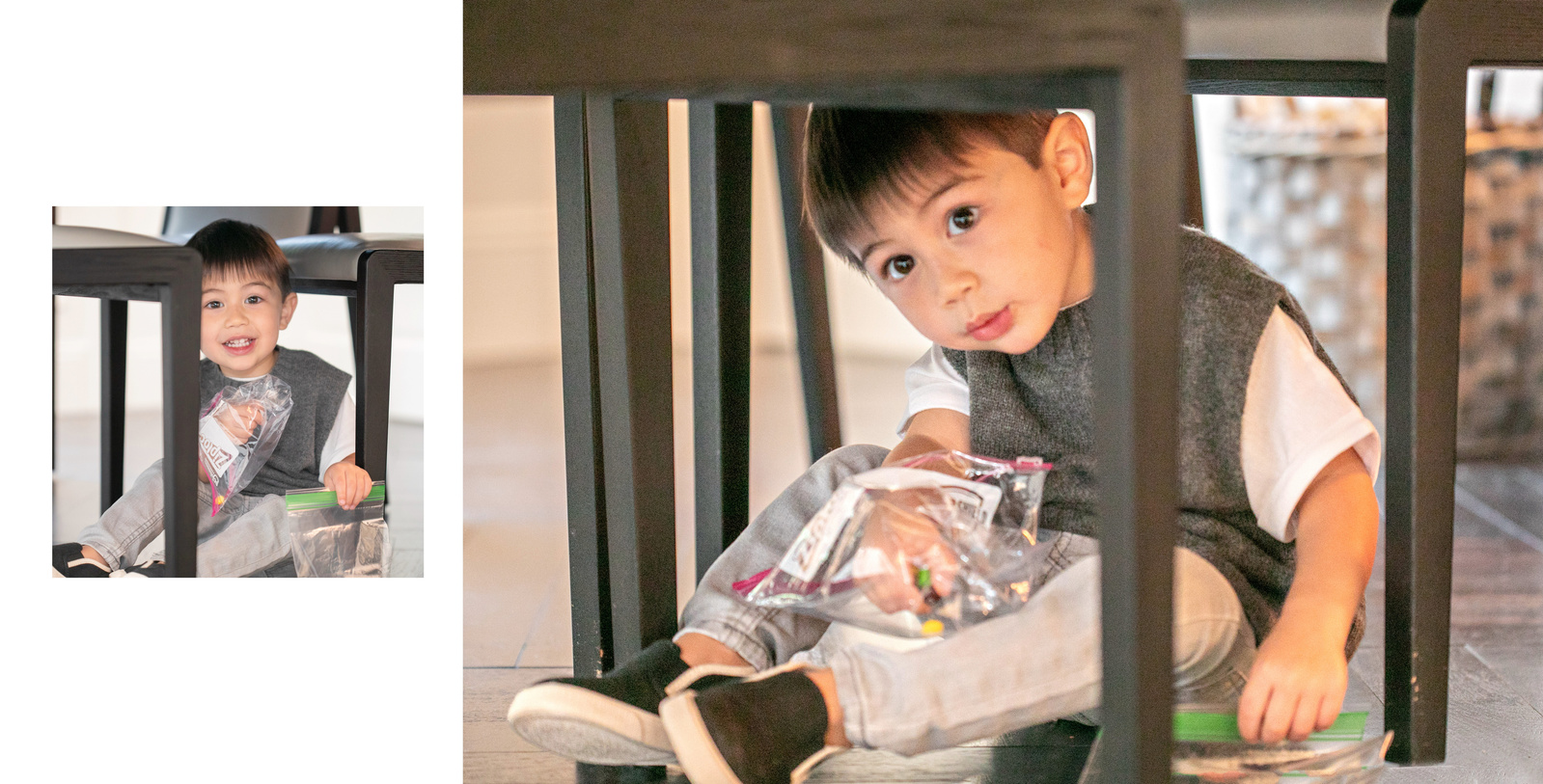 Boy hiding under table