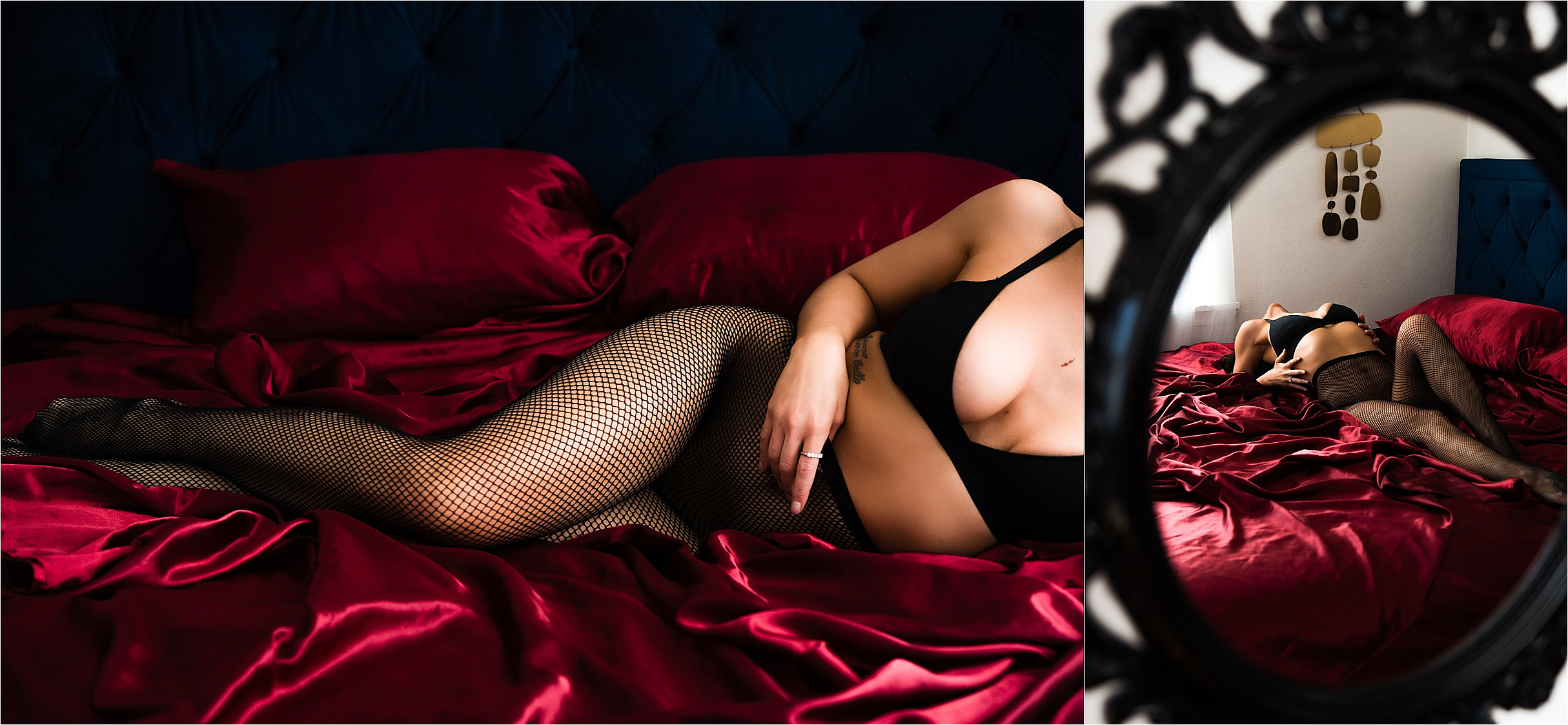 Red satin sheets boudoir, Pittsburgh boudoir photographer, bridal boudoir in Pittsburgh, Ohio boudoir photographer, body-positive Pittsburgh, bold boudoir photography, revolution boudoir