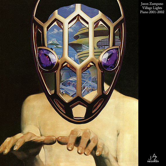 a busy futuristic city scene is covered by a jeweled mask, the person's hands raised as they sleepwalk or maybe raised and ready to play the piano