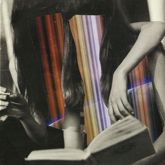 two women reading books and smoking with a rainbow stream of stars collaged over their faces 