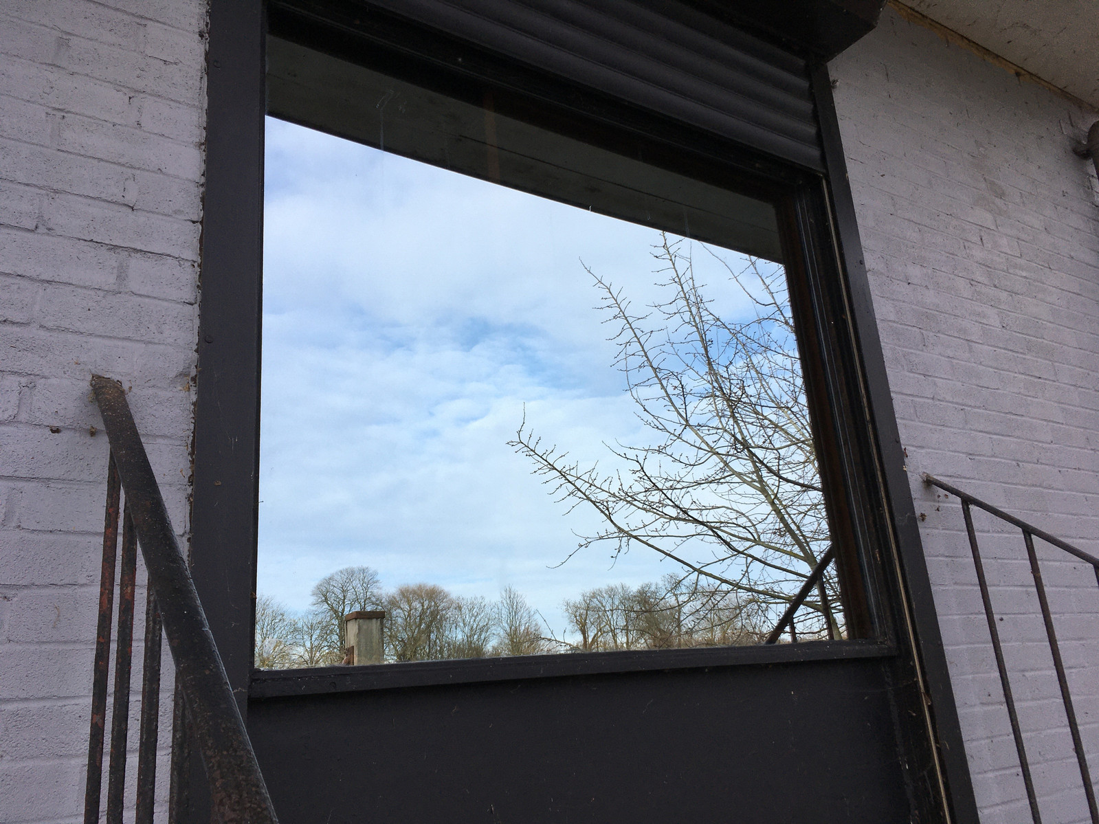 A reflection of trees in a window framed by fencing