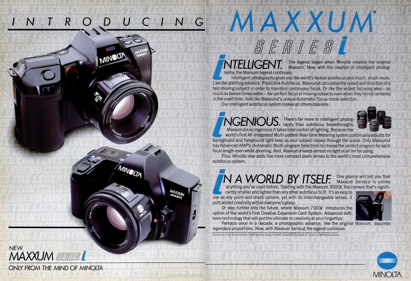 Ad for the (then) very new and very automated Minolta Maxxum SLRs, Popular Photography magazine, January 1989