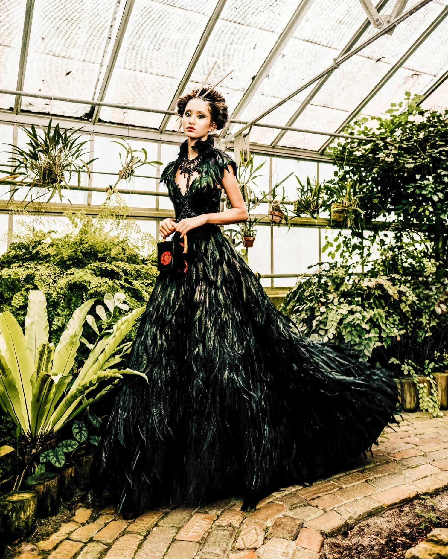 black strapless feather full length gown