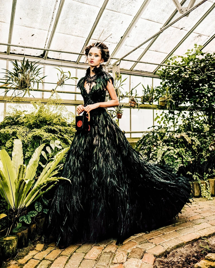 black feather dress with train