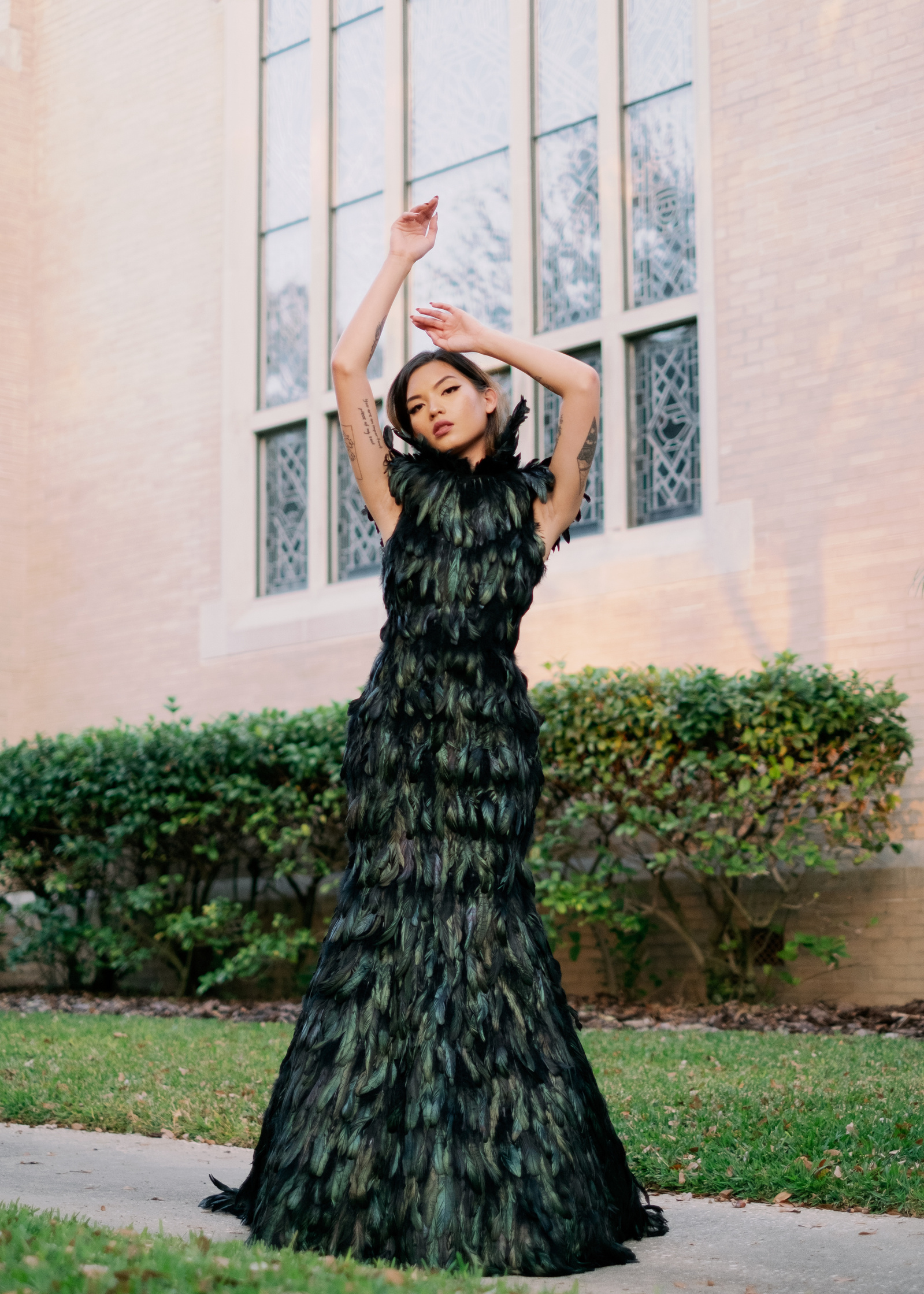 black mermaid feather maxi dress