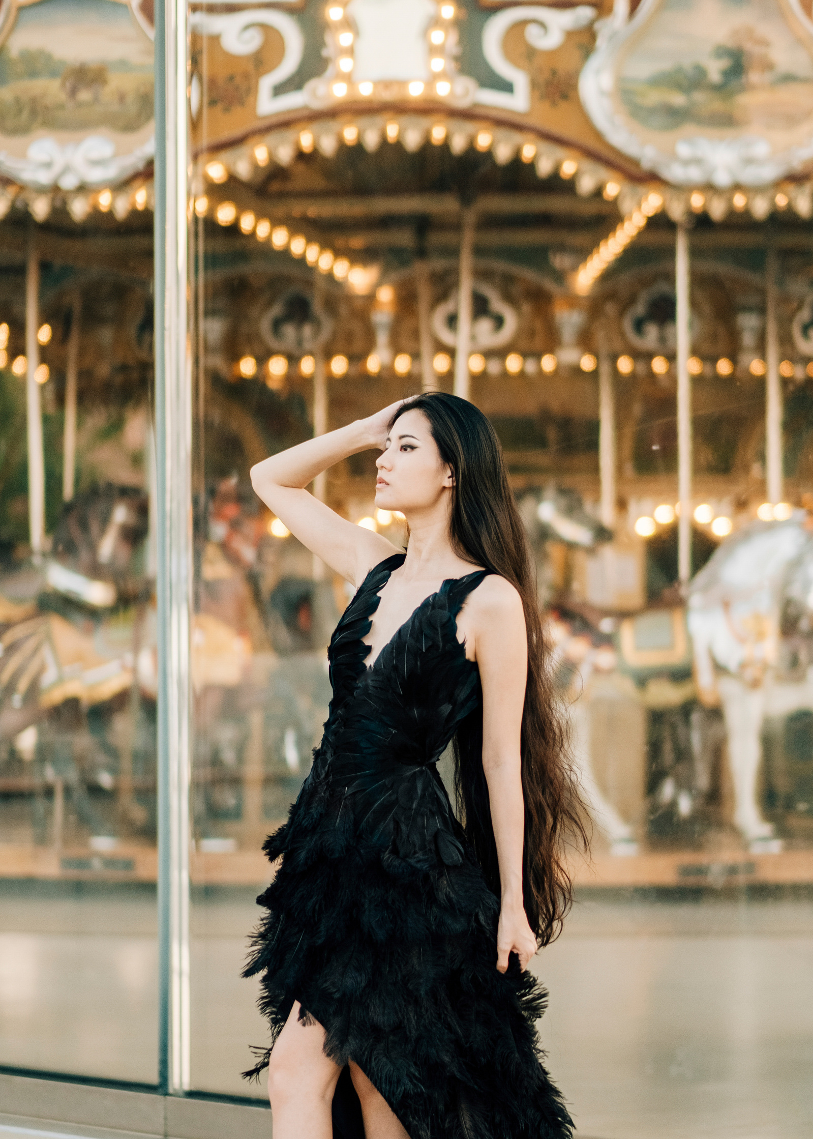 black deep v neck feather dress