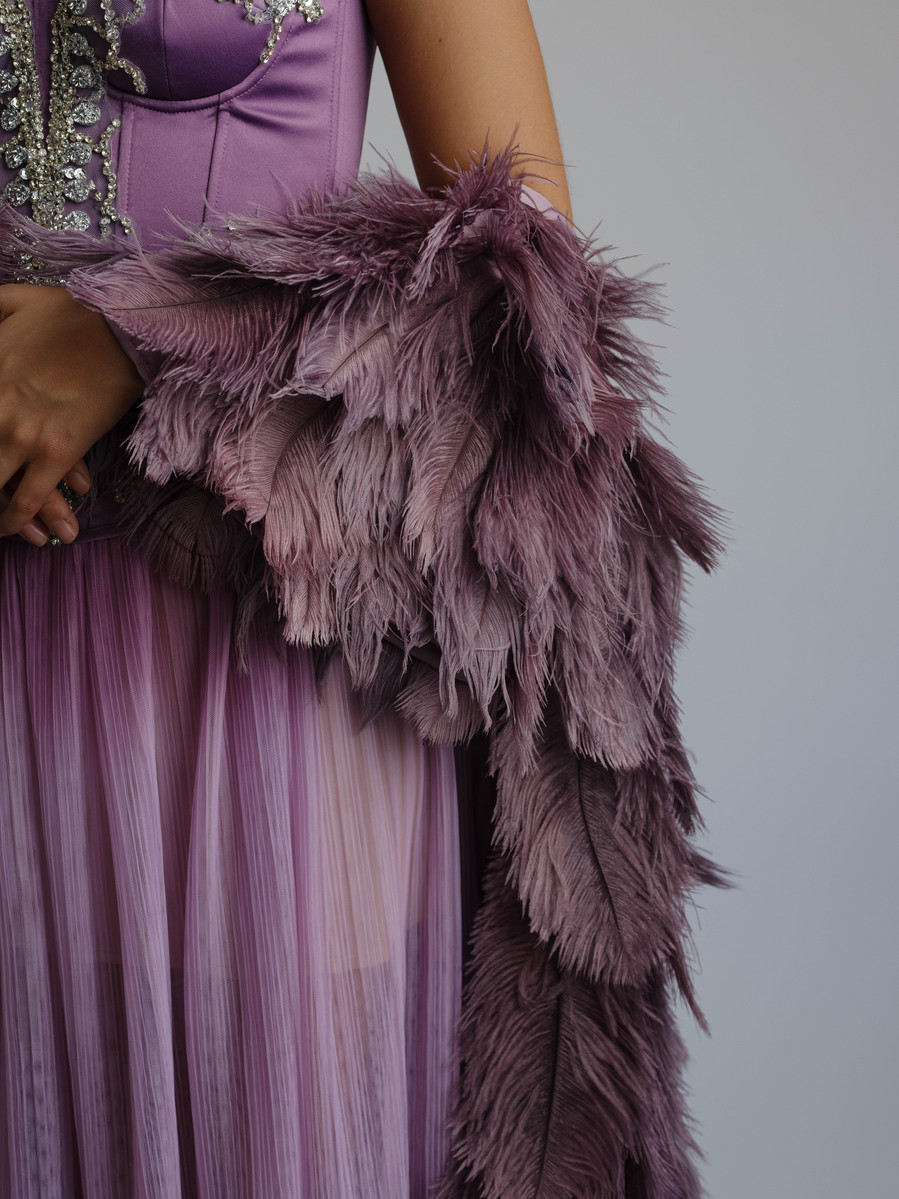 purple ostrich feather off the shoulder cape sewing details