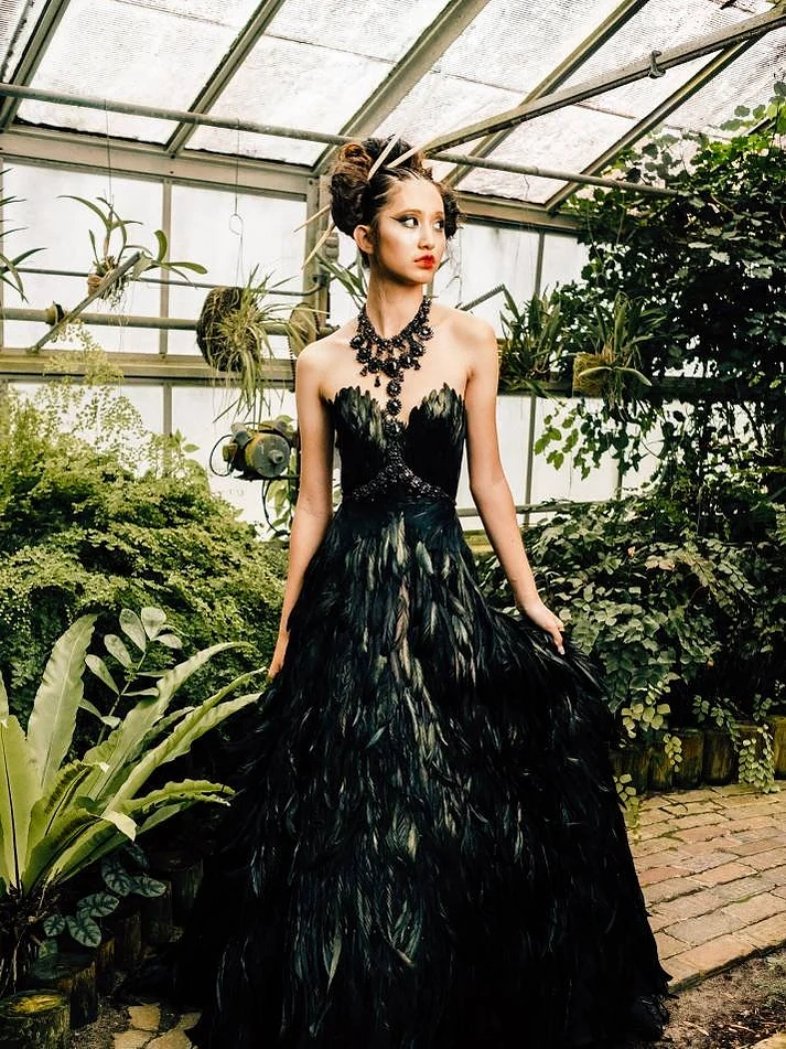 black feather dress with train