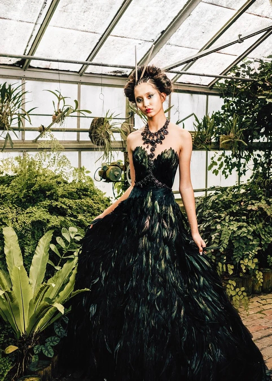 black feather dress with train