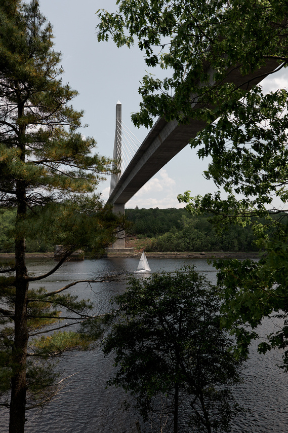 A sailboat passes under the Penobscot Narrows Bridge in Stockton Springs, ME.