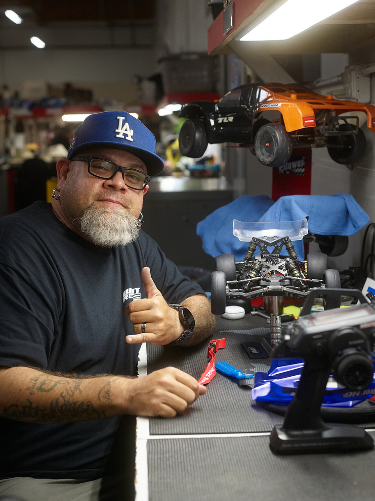 A driver poses with his RC car in between races at Whip It RC Raceway & Hobbies in Reno, NV.