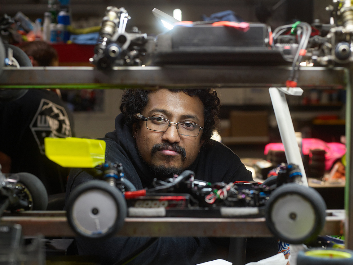 RC car driver poses for a portrait in the pits at Whip It RC Raceway & Hobbies in Reno, NV.