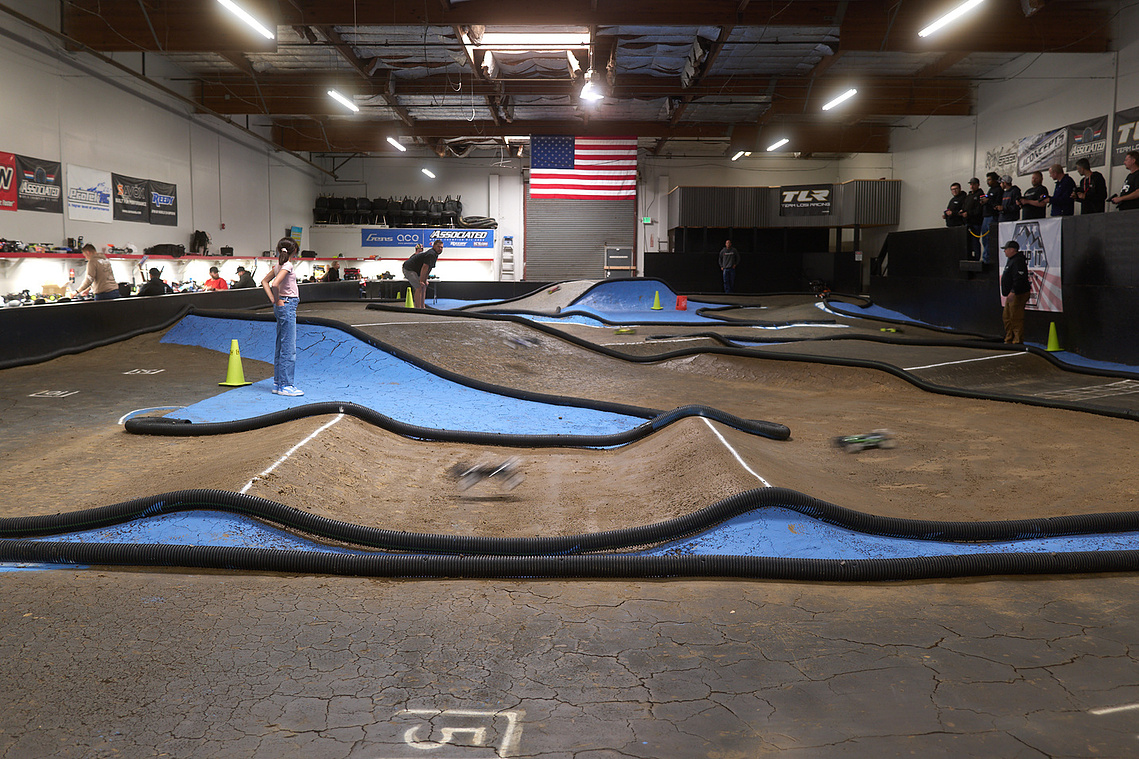 The indoor RC car racetrack inside Whip It RC Raceway & Hobbies in Reno, NV.