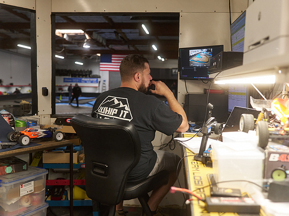 Race positions are called out over the speaker system during a race inside Whip It RC Raceway & Hobbies in Reno, NV.