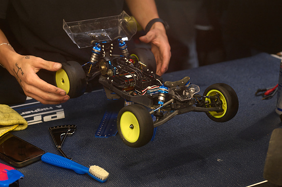 RC car being worked on in the pits at Whip It RC Raceway & Hobbies in Reno, NV.