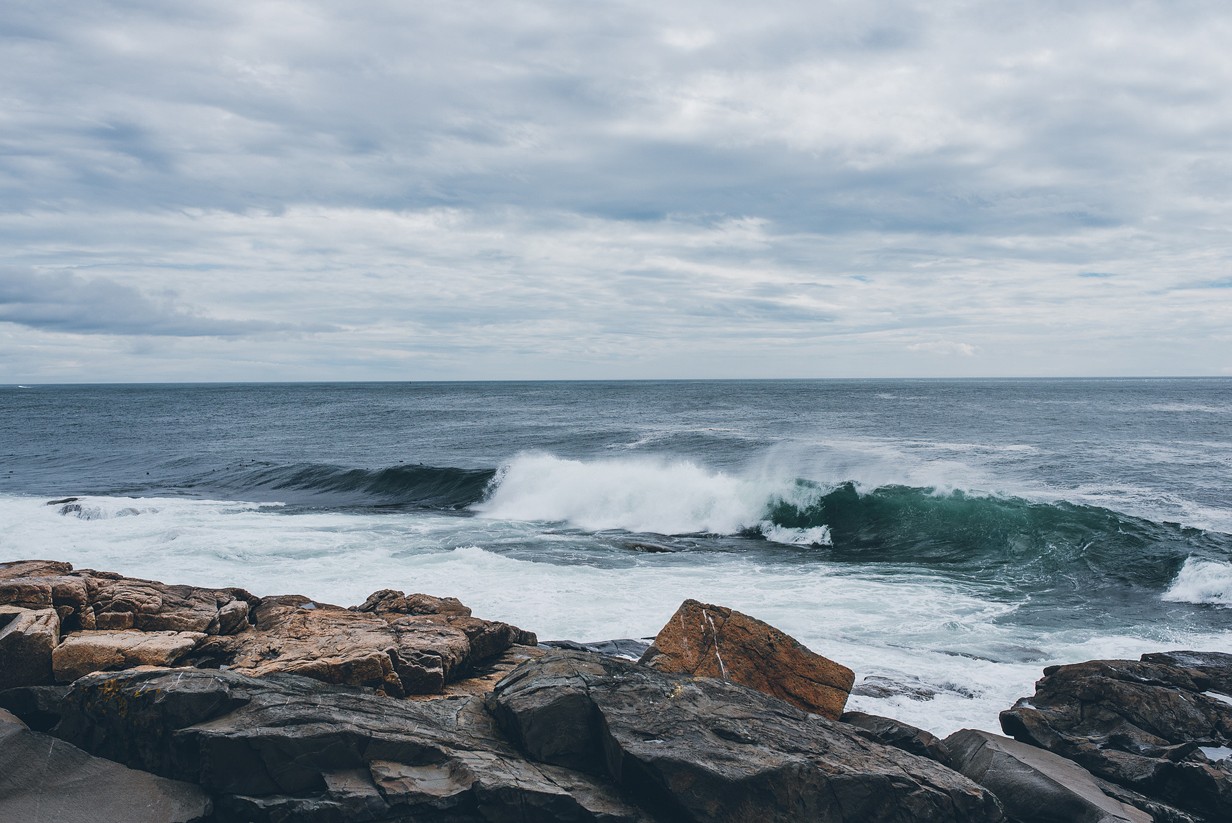 A wave approaches the rocky Maine coast in Acadia National Park taken by Boston landscape photographer Korri Leigh Crowley
