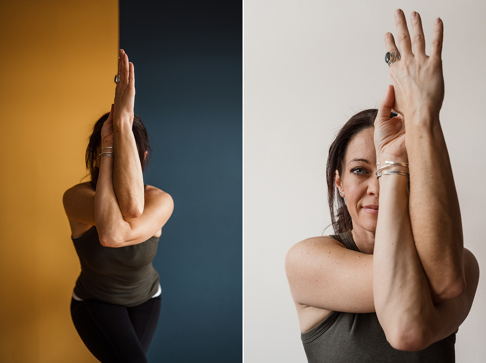 Two images of yoga teacher Jill Barry in eagle pose in the Norwood photography studio of Boston yoga photographer Korri Leigh Photography