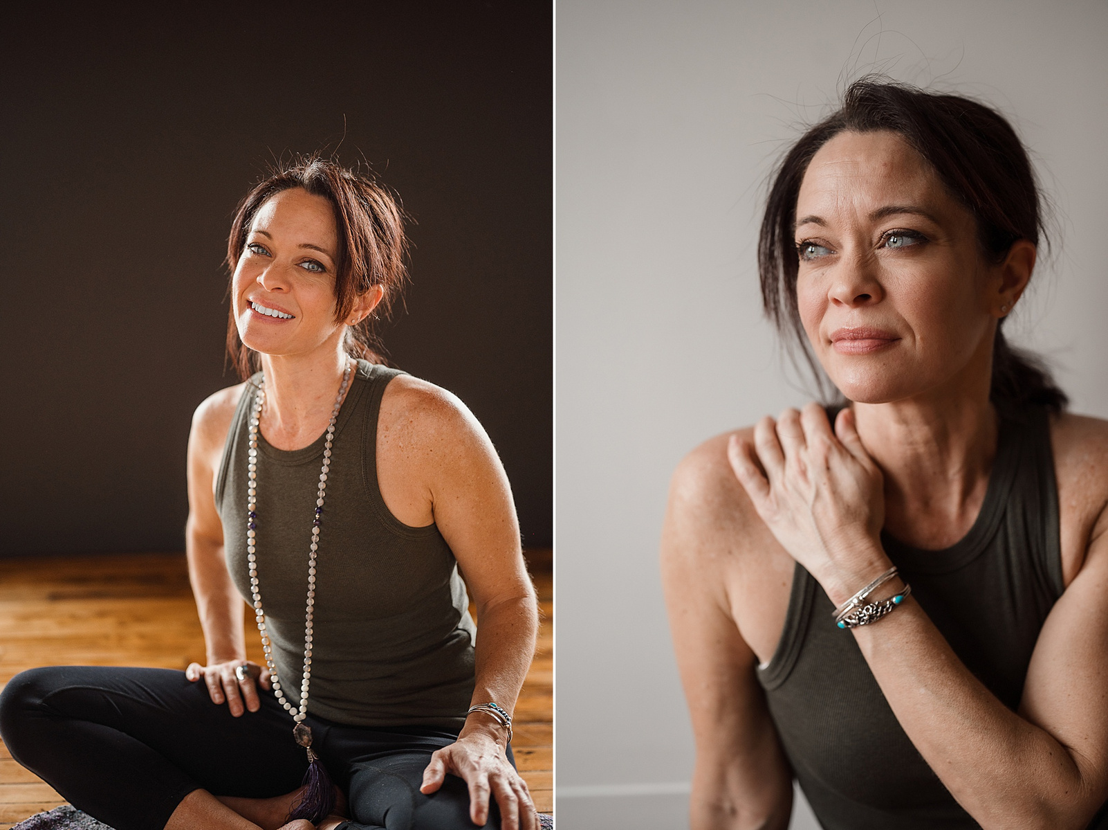 Two photos of yoga teacher Jill Barry in the Norwood photography studio of Boston yoga photographer Korri Leigh Photography
