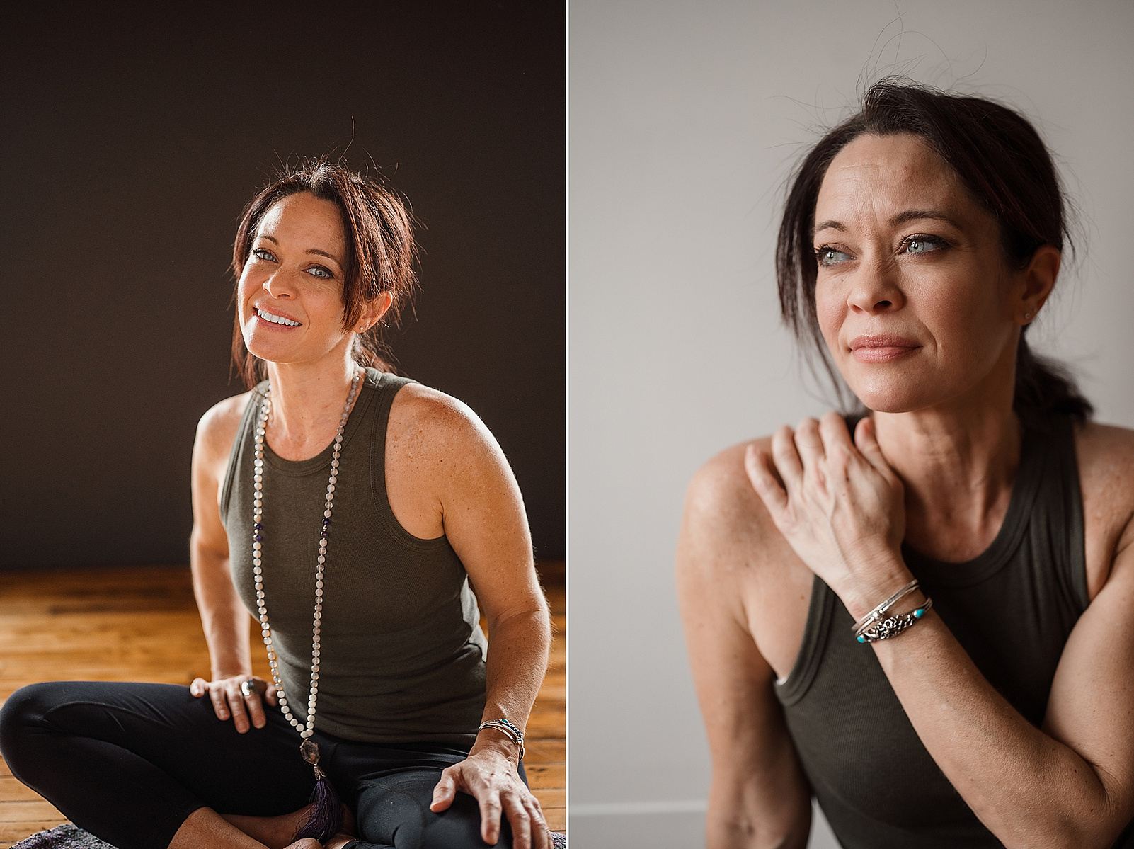Two photos of yoga teacher Jill Barry in the Norwood photography studio of Boston yoga photographer Korri Leigh Photography