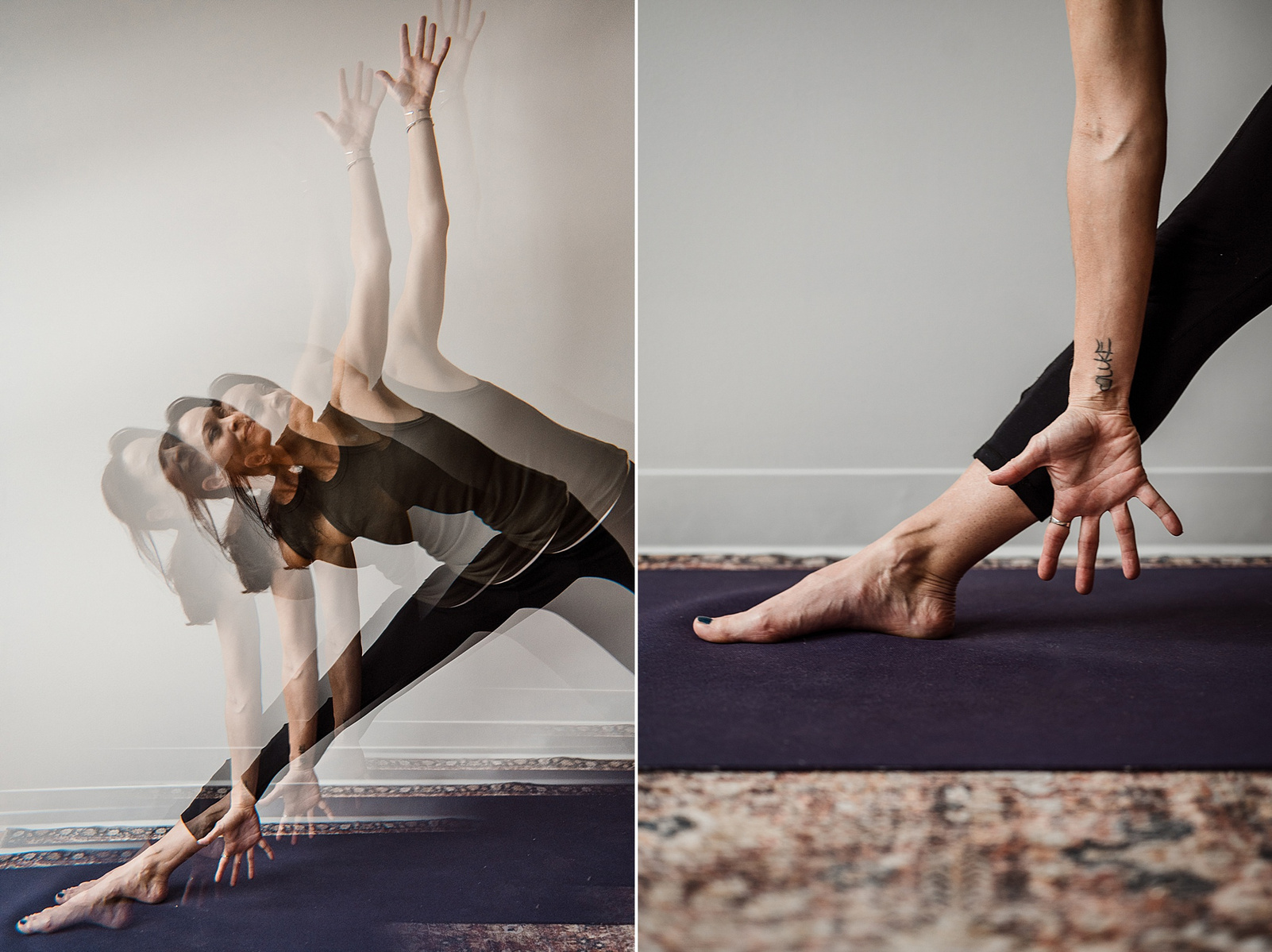 Yoga teacher Jill Barry in triangle pose in the Norwood photography studio of Boston yoga photographer Korri Leigh Photography