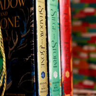 Colorful books sit on a shelf.
