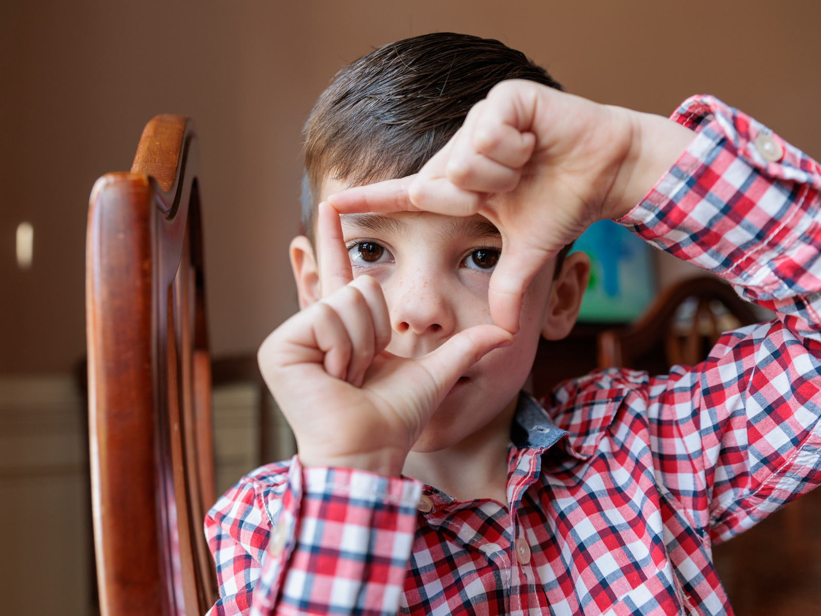 A small boy in a plaid shirt makes a square shape with his hands