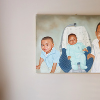 A painting of two young children and a baby. 
