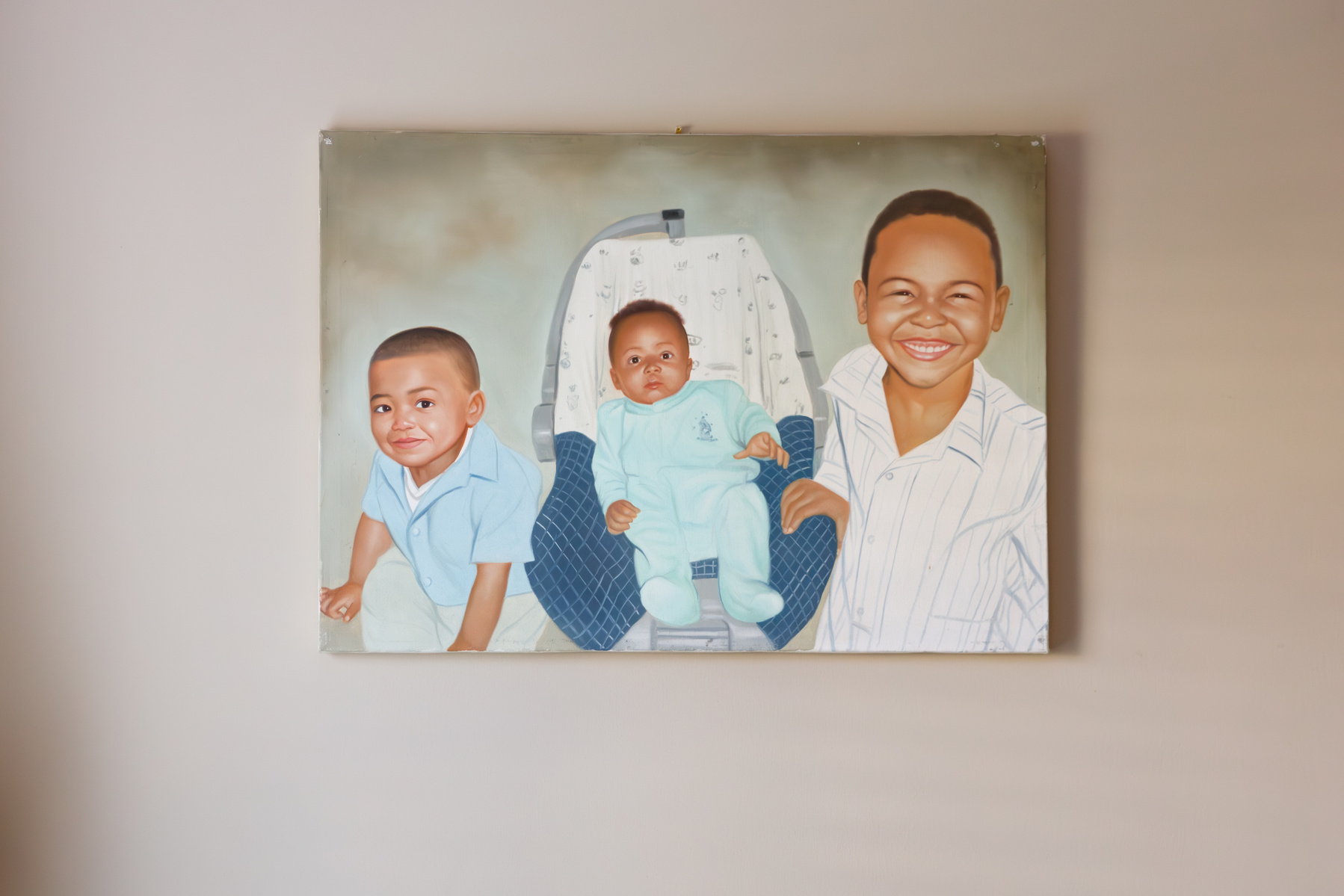 A painting of two young children and a baby. 
