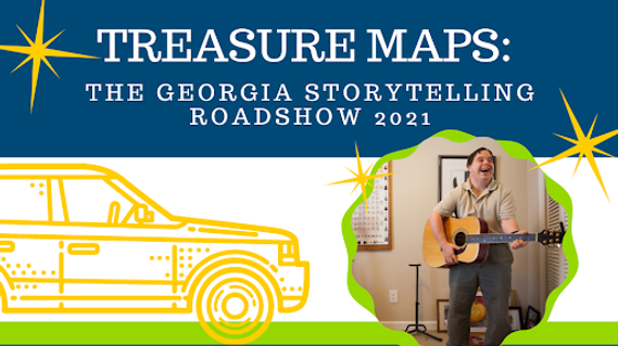 A young man with developmental disabilities plays a guitar next to a yellow outline of a car. 
