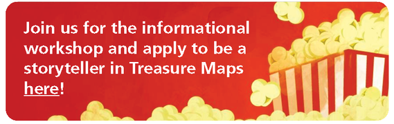 The words asking you to apply to be a storyteller are reversed out of a red background with a popcorn box.