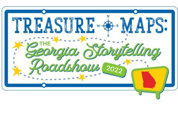 Blue and green text Treasure Maps Georgia Storytelling Roadshow 2022