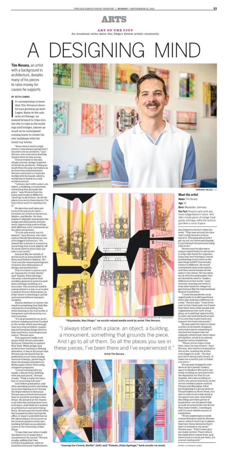Image of the San Diego Union Tribune Arts article on Tim Novara - A Designing Mind