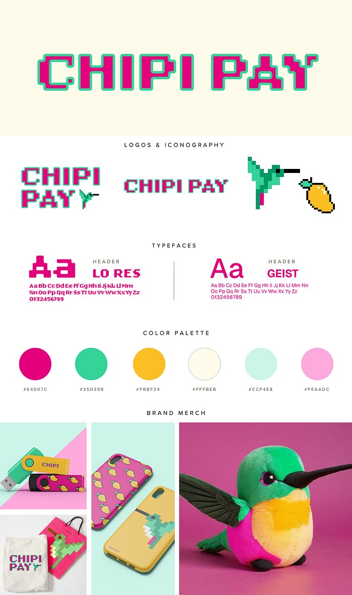 brand design & brand board for chipi pay, a web3 DeFi dapp used primarily in mexico and latin america