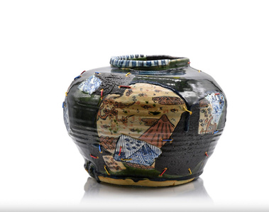 Large Oribe Yobitsugi vase with staples  Japanese motifs made from stoneware and porcelain modern ceramics 