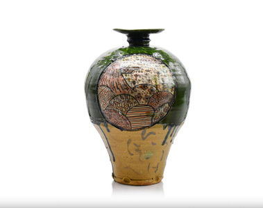 Mei ping style Oribe and kizeto vase mountain scenery image 
織部　黄瀬戸　花瓶