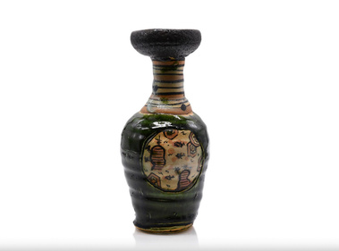 Oribe sake bottle Japanese style green ash glaze 