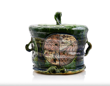 織部　水指　Oribe water container for the tea ceremony Japanese motifs and scientific writting 