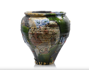 壺　織部　呼び次　large Oribe vase Yobitsugi with staples modern ceramics 