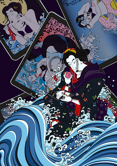 Ukiyo-e girl eating donut amidst waves reading an iPad 