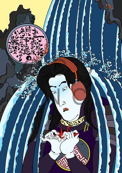 Ukiyoe girl folding a paper crane listing to music on her Apple headphones pro she is meant to be meditating under the waterfall 