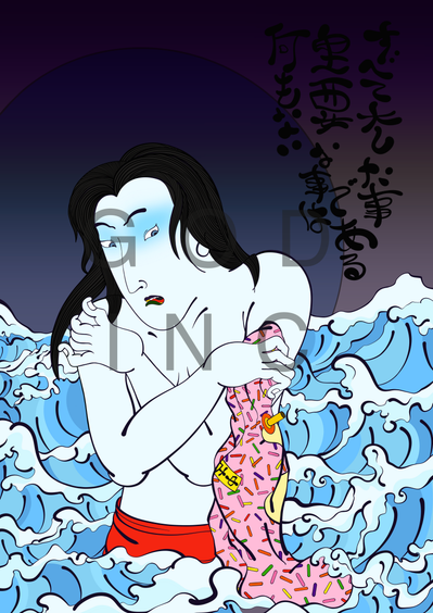 Ukiyo-e girl in ocean hugging herself with de flattered pool floaty 
