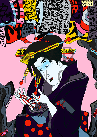 Ukiyo-e beautiful girl playing cats cradle pink sky banners in background 