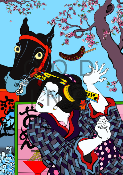 Ukiyo-e girl is frightened by a rude laughing horse her chocolate covered banana flying in the air 