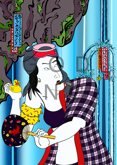 Ukiyo-e beautiful girl holding a fan and rubber duck waterfall in background 