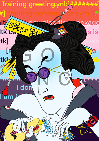 Ukiyo-e girl splashes sake over her hands she is shocked at what AI is AI code in background 