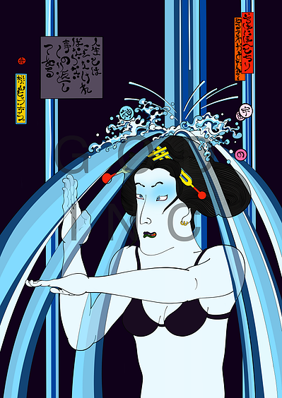 Ukiyo-e beautiful girl meditating in ultra man pose under a waterfall modern style 