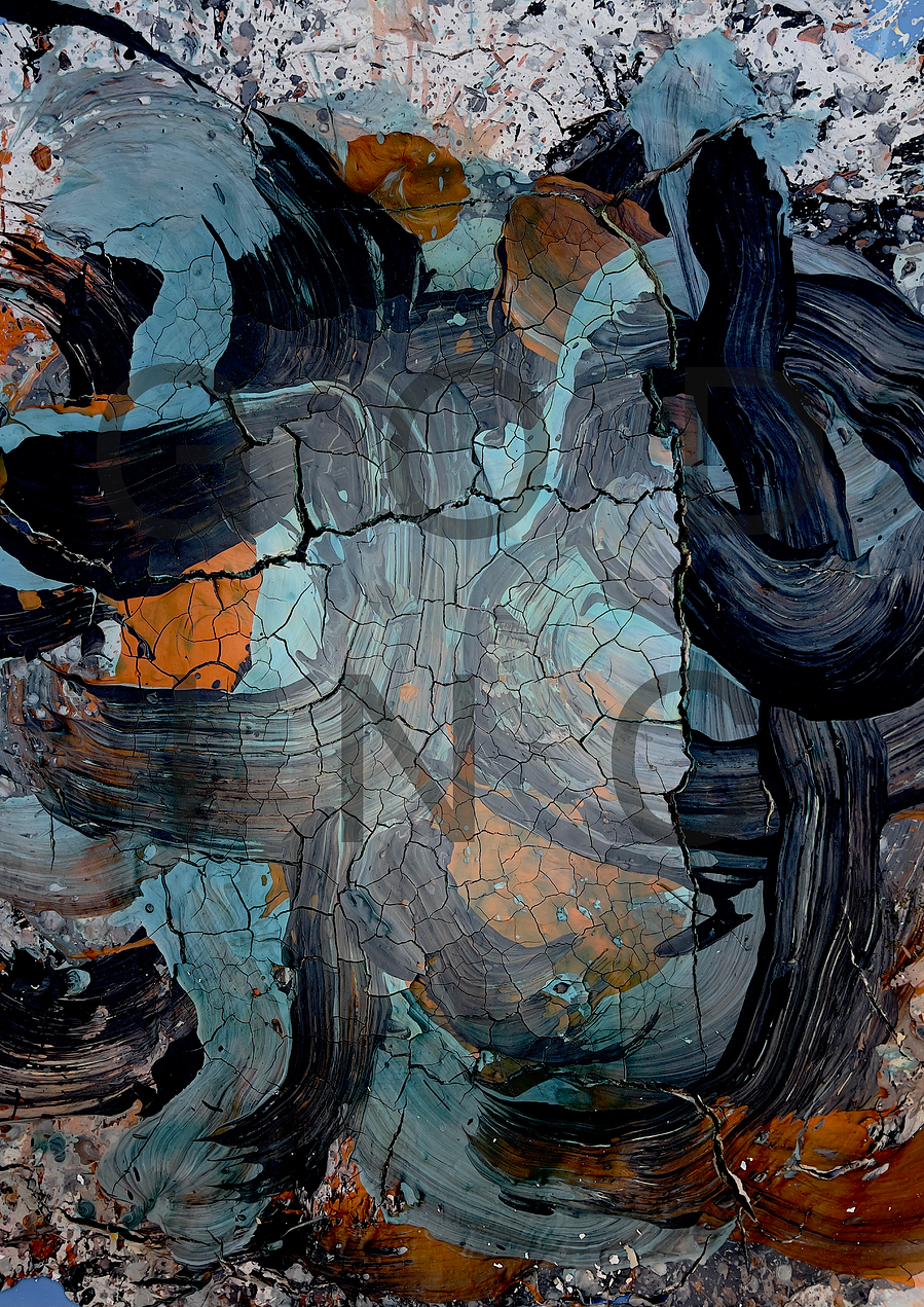 Black character for god written over blue character for god abstract calligraphy abstract art painted in clay 
